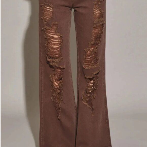 High Waisted Heavily Distressed Wide Leg Denim Jeans - Picture 4 of 4